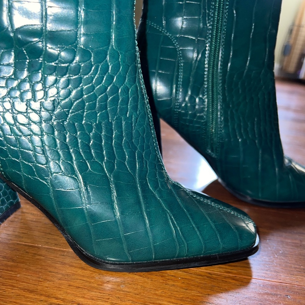 Block Heel Square Toe Green Croc Boots - Picture 3 of 3